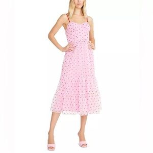 Betsy Johnson Foil Printed Pink Heart Pattern Tiered Tulle Sweetheart Midi Dress